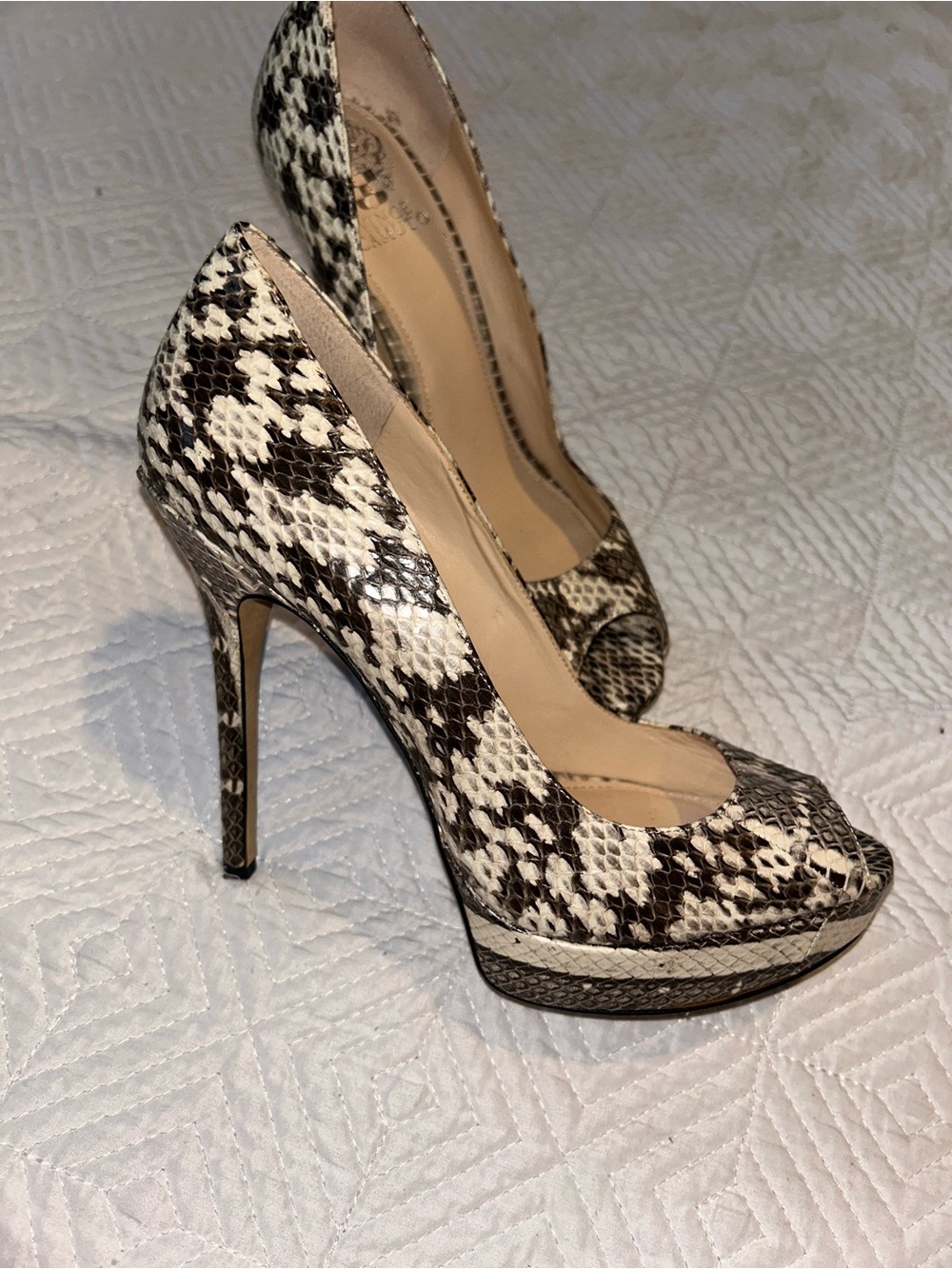Vince Camuto Snake-Print Peep Toe Platform Pumps - Brown & White